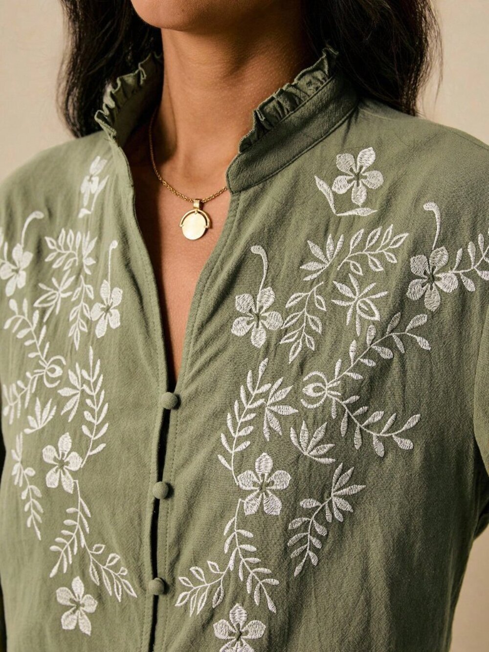 Green Boho Women's Elegant Floral Embroidered Ruffle Collar Button-Up Shirt - Picture 5 of 8